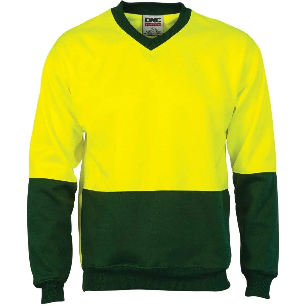 DNC Workwear Work Wear Yellow/Bottle Green / XS DNC WORKWEAR Hi-Vis Two-Tone Fleecy V-Neck Sweatshirt (Sloppy Joe) 3822